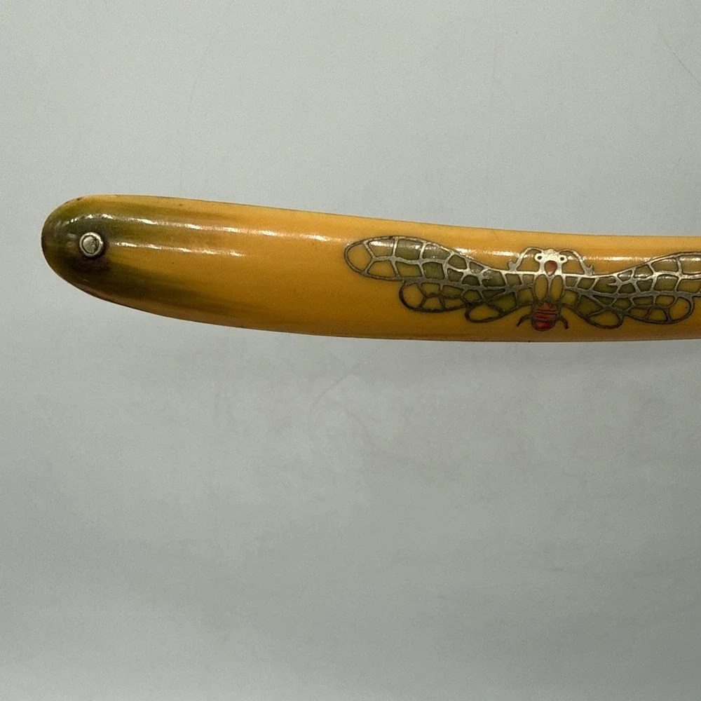 E&M Aboussleman Germany Straight Razor 425 1/2 Butterfly Yellow/Green Handle